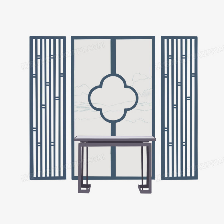 手绘蓝色中式屏风免抠元素