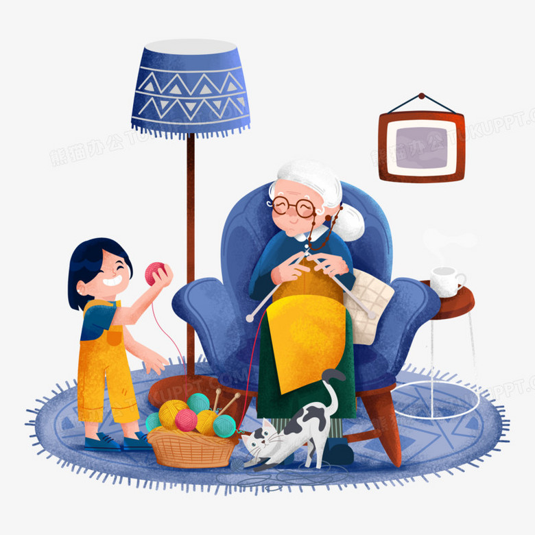 手绘卡通奶奶织毛衣场景素材