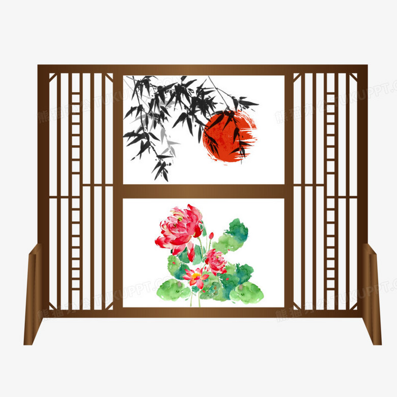 手绘中式落地屏风免抠素材