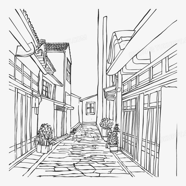 手绘素速写风乡间小路素材