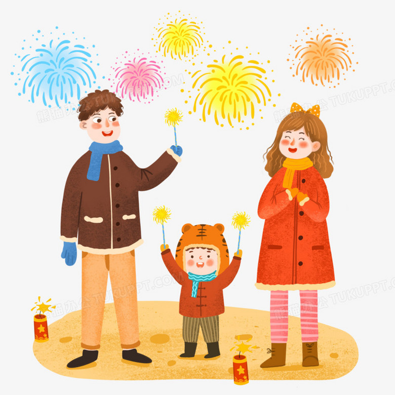 手绘卡通放烟花的小孩插画免抠元素