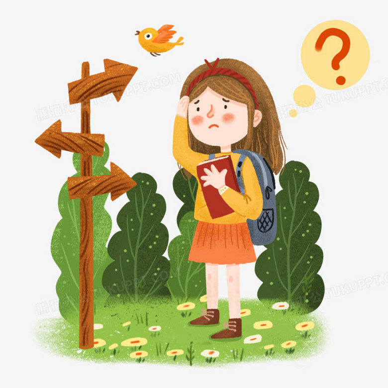 手绘卡通迷路的女孩插画免抠元素