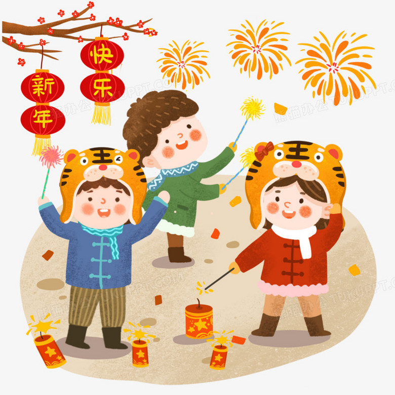 手绘卡通放烟花的小孩插画免抠元素