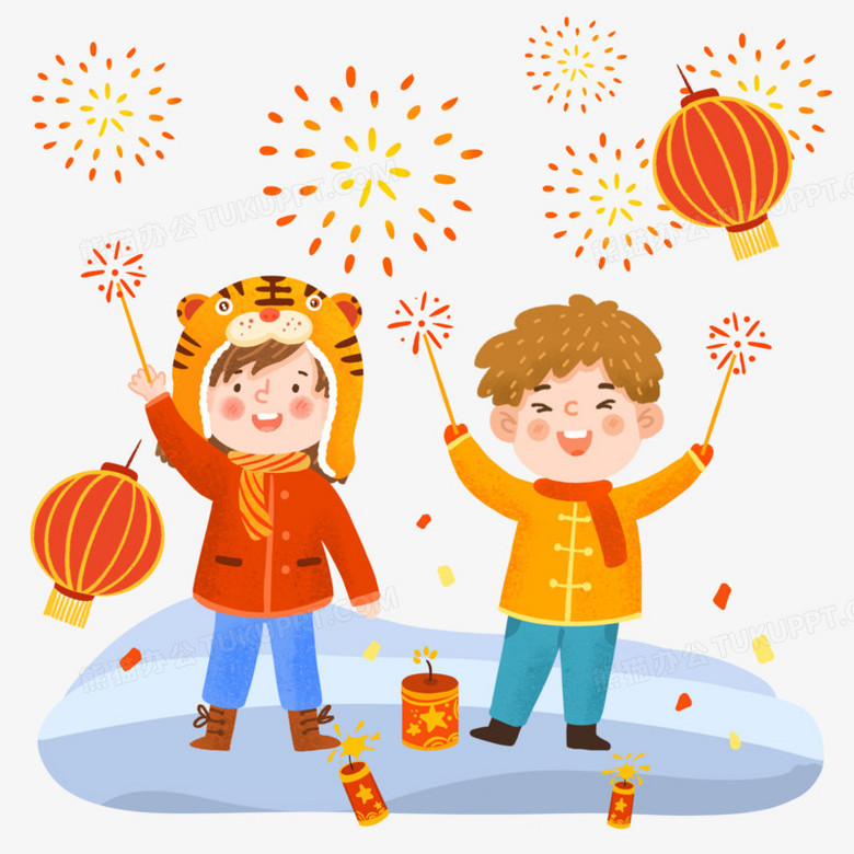 手绘卡通放烟花的小孩插画免抠元素