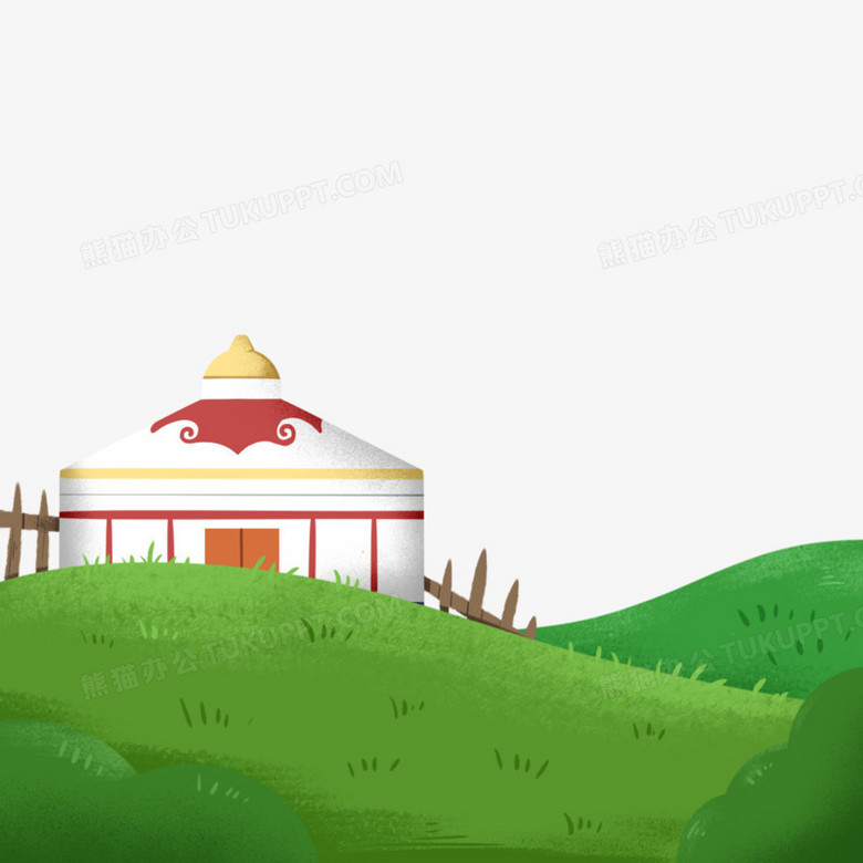 手绘草原蒙古包草原风景免抠元素