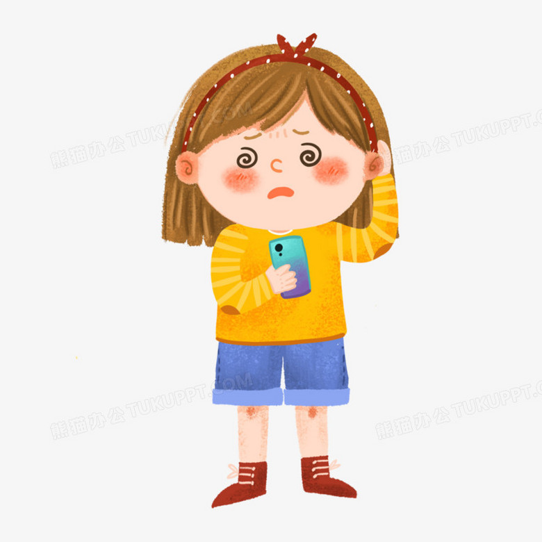 卡通手绘女孩看手机迷惑脸元素