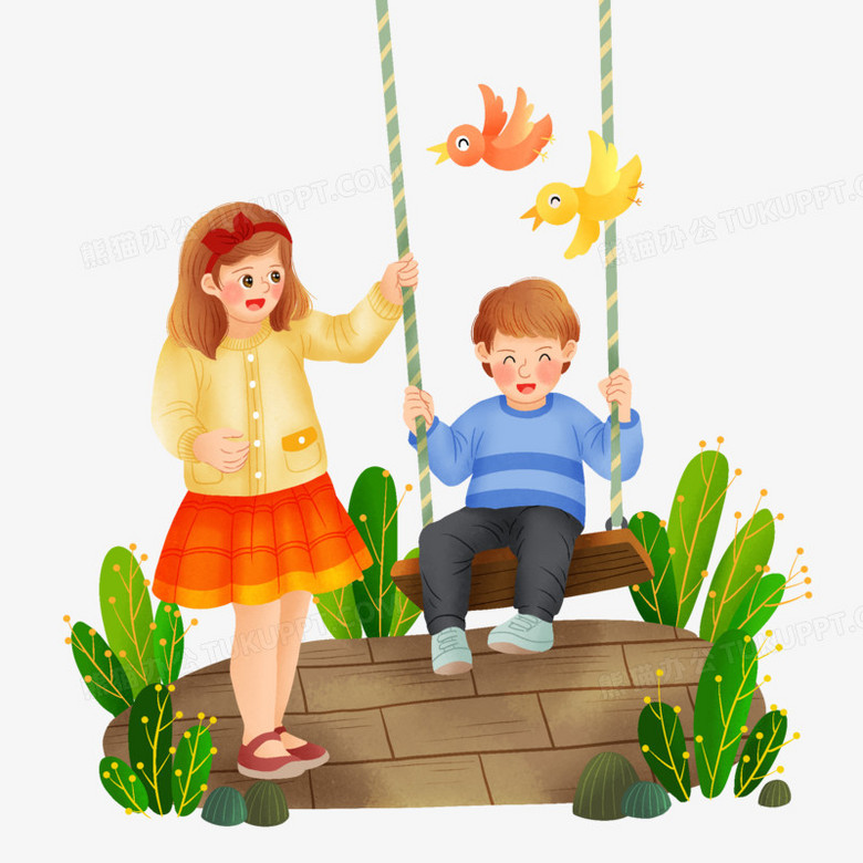 手绘插画风小女孩给小男孩推秋千元素