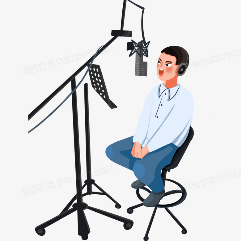 手绘卡通女能生在录音棚录音元素