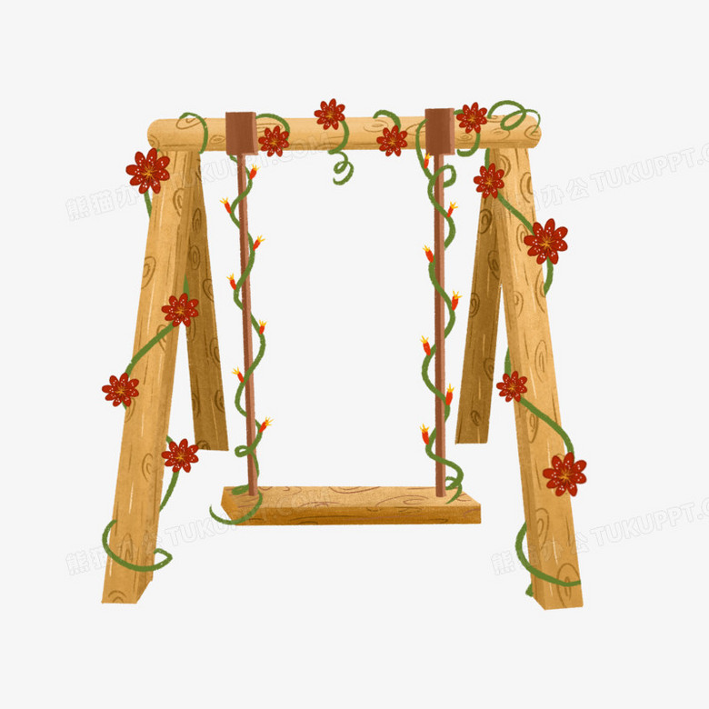 在整个配色上使用多种色彩作为基础色调,设计了木质秋千,整体呈现手绘