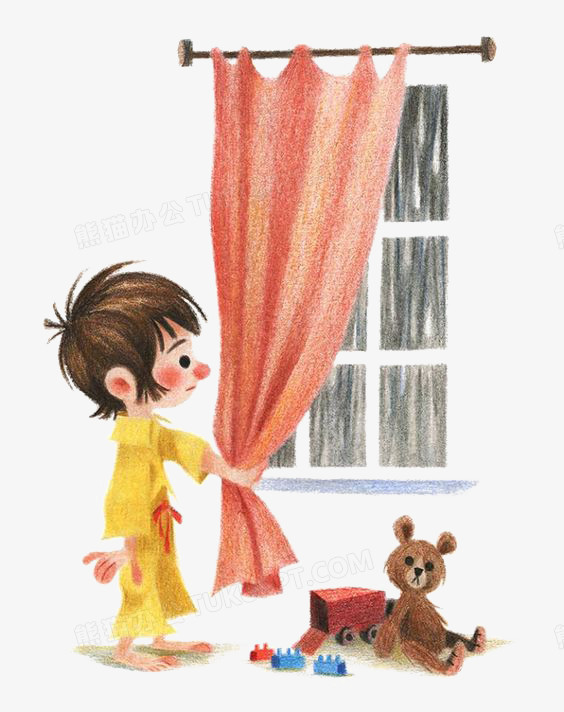 拉窗帘的男孩