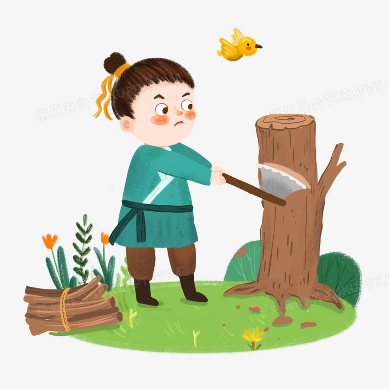 手绘卡通古装人物砍柴插画免抠元素
