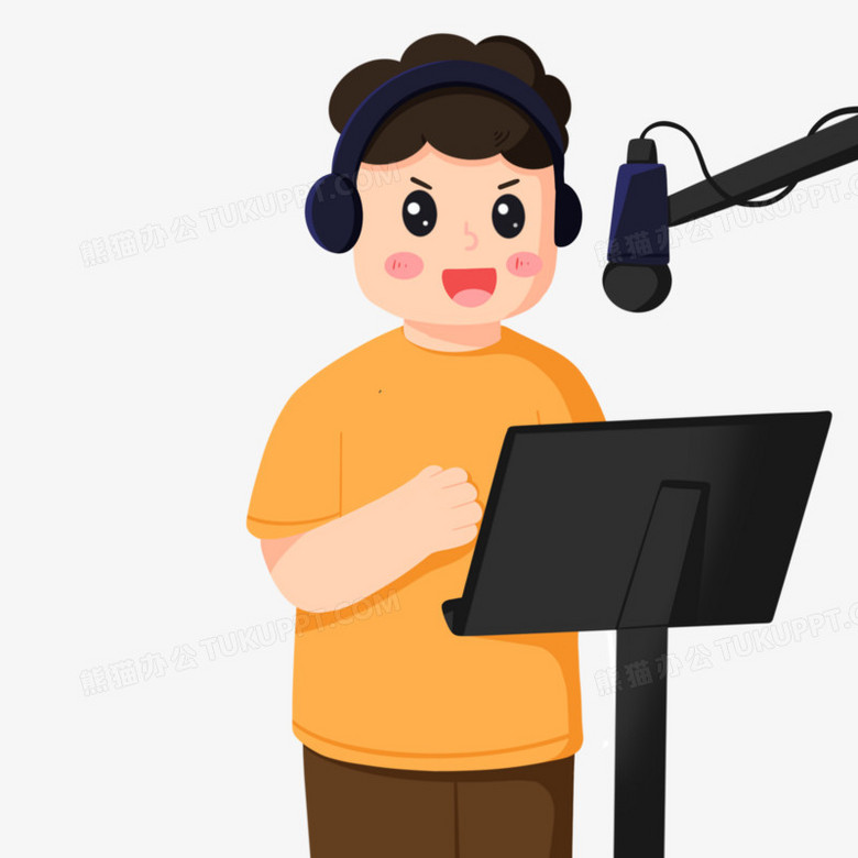 卡通手绘男孩在录音室里录音免抠元素