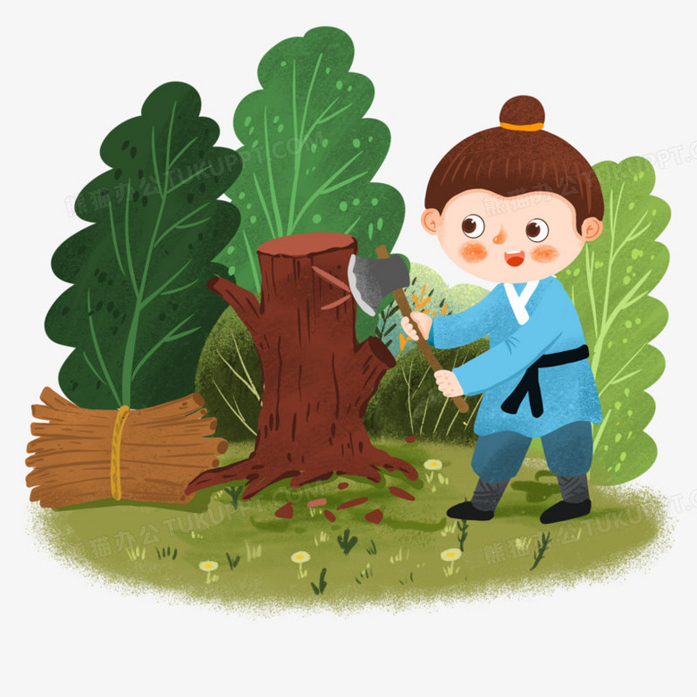 手绘卡通古装人物砍柴插画免抠元素