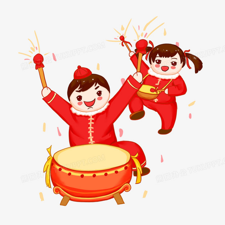 卡通手绘男娃女娃打鼓素材
