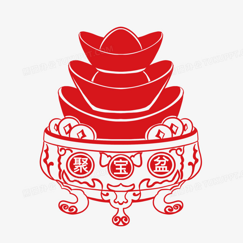 红色扁平剪纸聚宝盆免抠元素