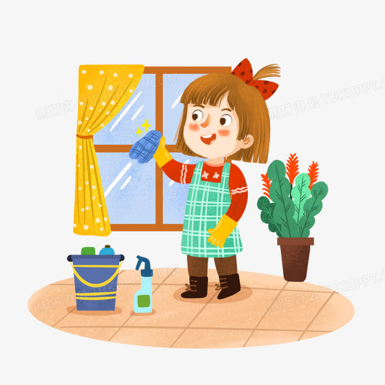手绘卡通女孩擦窗户插画免抠元素