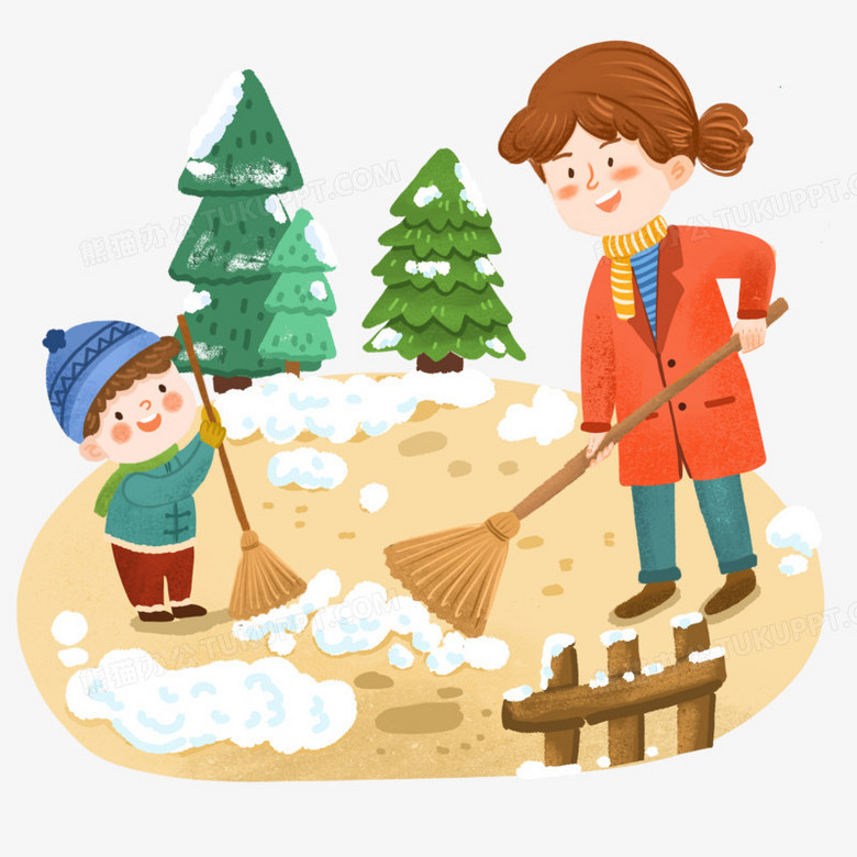 手绘卡通冬天亲子扫雪场景插画免抠元素