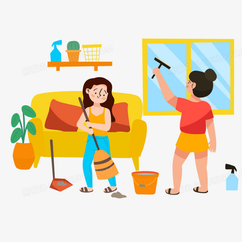 手绘卡通小伙伴在家一起擦玻璃免抠素材