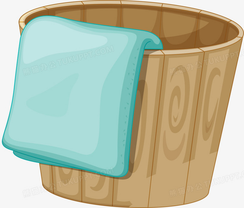 本作品全称为《蓝色卡通风圆形木质洗脚盆浴巾创意元素》,在整个配色