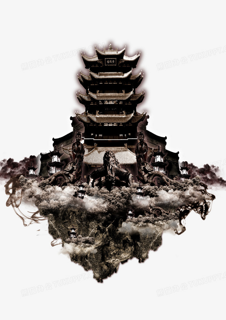 本作品全称为《棕色中国风科幻园林古楼塔楼元素》,使用 adobe