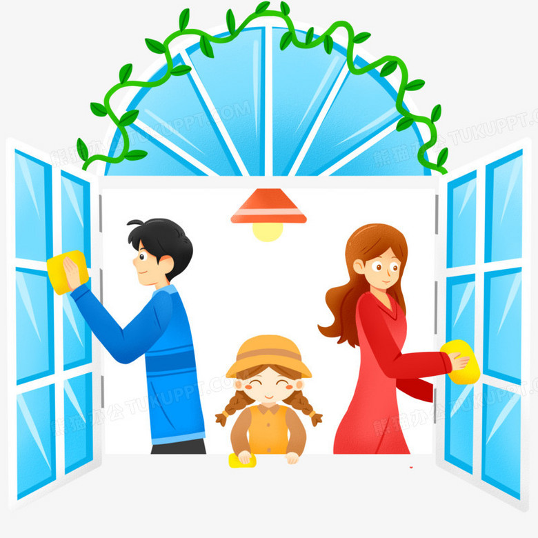 手绘卡通一家人一起擦窗户打扫卫生
