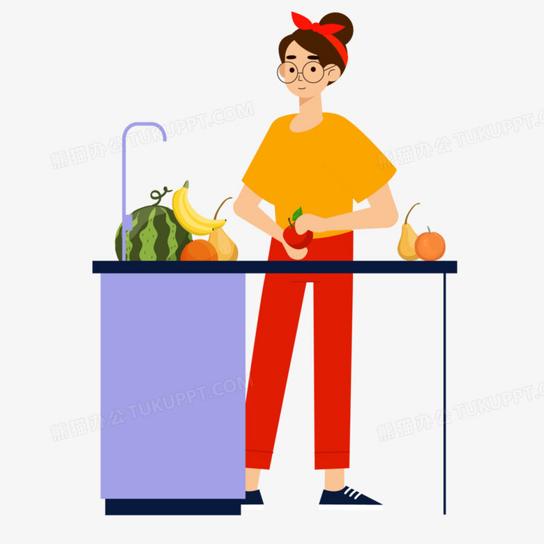 手绘卡通扁平风女孩清洗果蔬免抠矢量元素