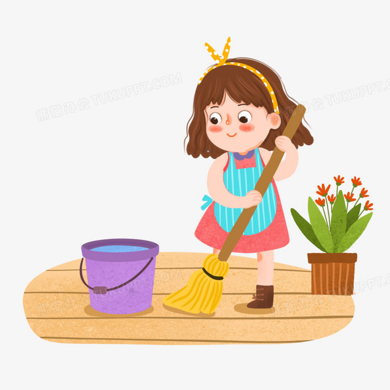 手绘卡通女孩拖地免抠元素
