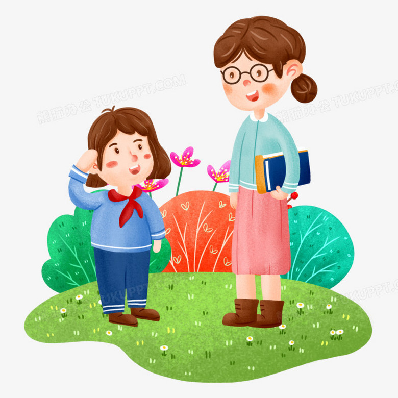 卡通手绘学生向老师问好元素