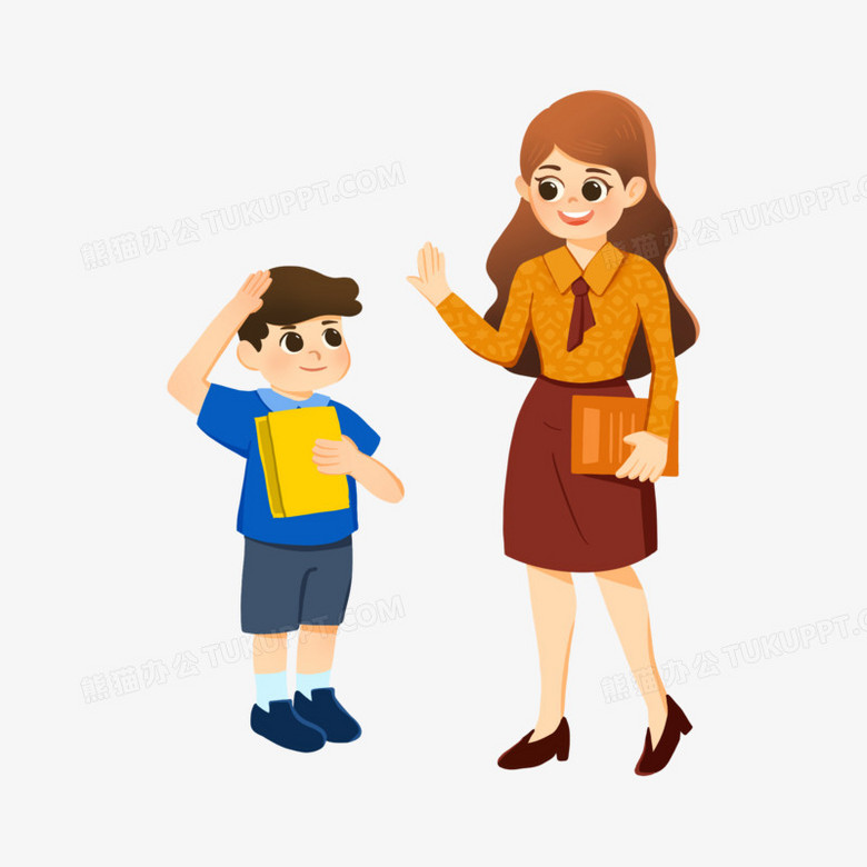 卡通手绘男孩向老师行礼问好元素