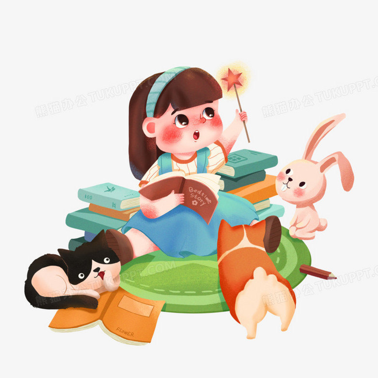 手绘卡通女孩给小动物讲故事场景素材