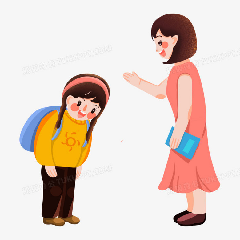 手绘卡通学生问老师好免抠元素
