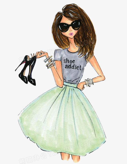 手绘时尚拎着鞋子的美女