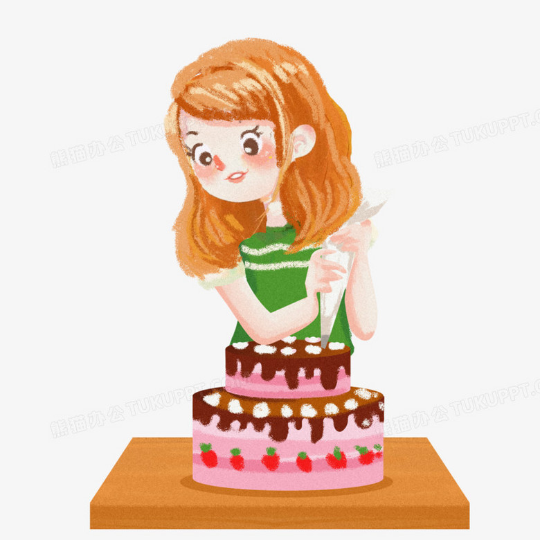 手绘卡通烘焙师厨师做蛋糕女孩免抠素材
