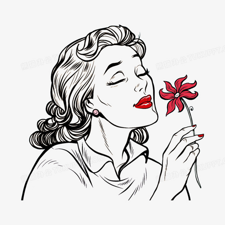 手绘黑色线稿闻花香的女人免抠元素