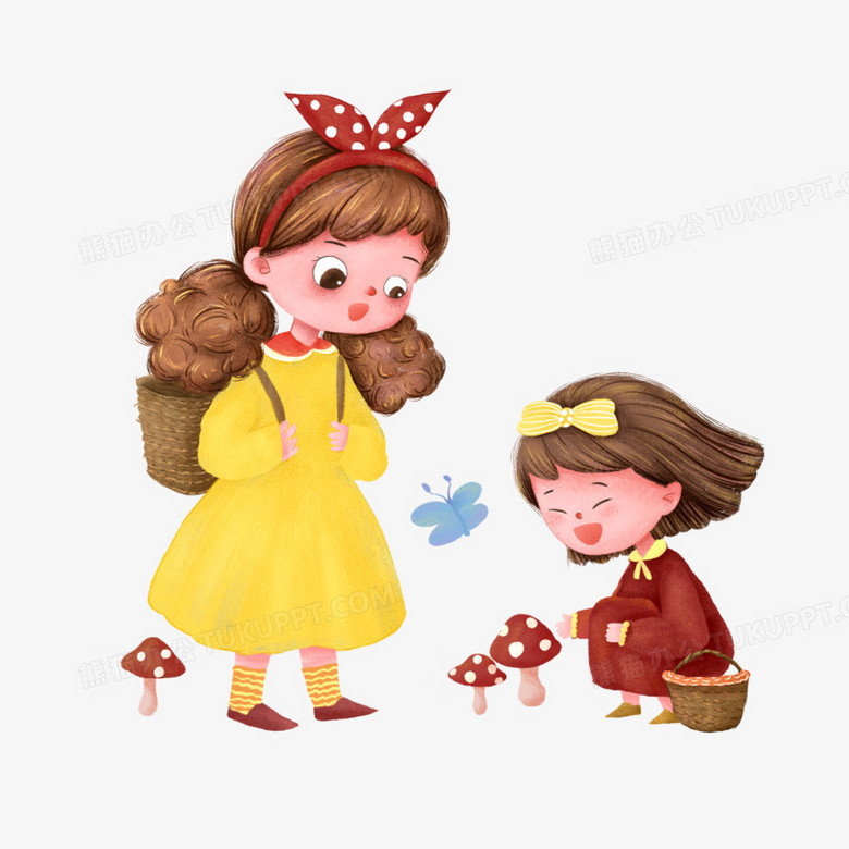 手绘插画风姐姐和妹妹一起采蘑菇场景元素