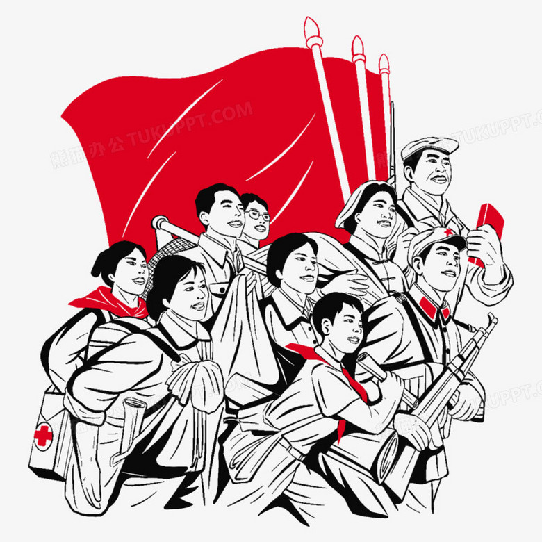 手绘红黑线描风人民群众元素