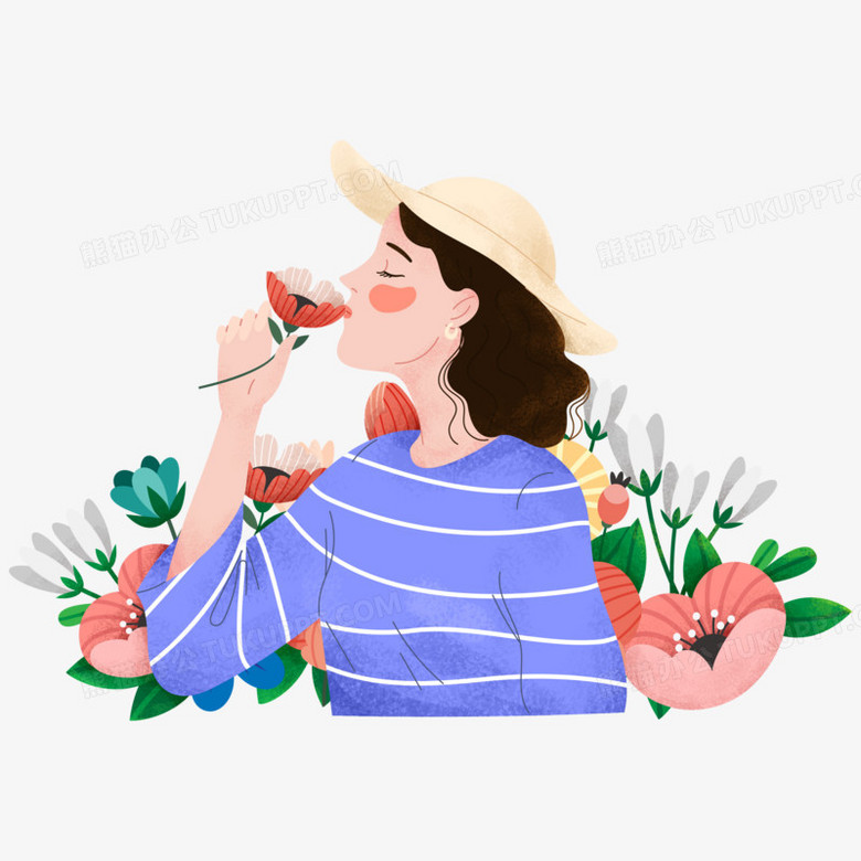 手绘扁平女生闻花香免抠素材