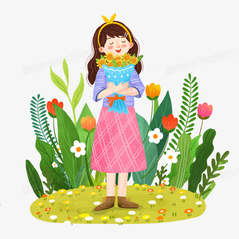 手绘卡通春天女孩闻花香插画风免抠元素