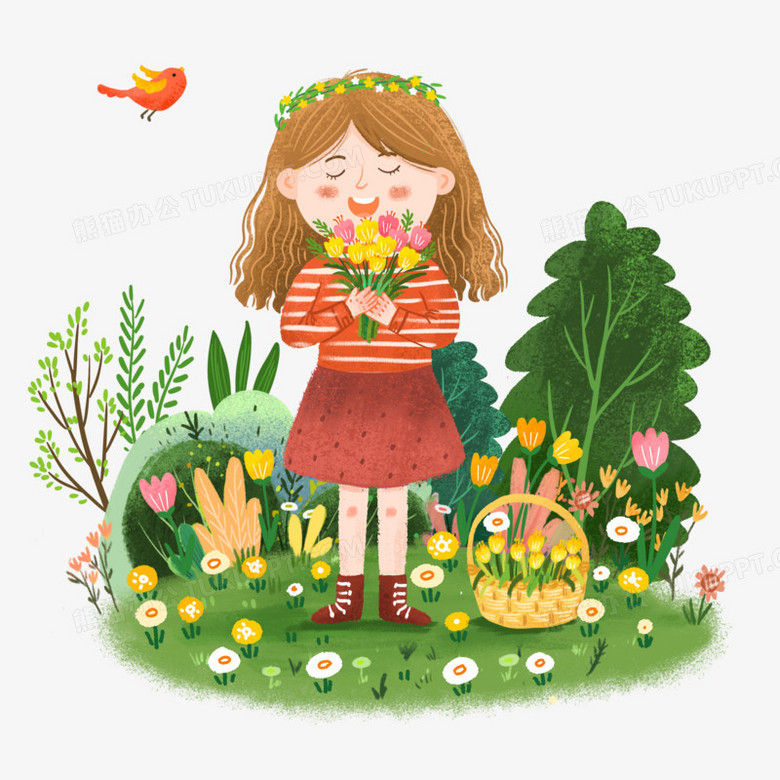手绘卡通女孩闻花香免抠元素