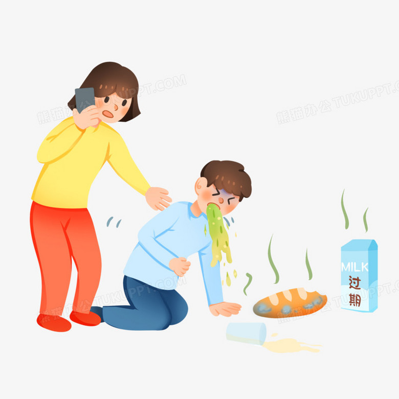 手绘卡通过期面包牛奶食物中毒呕吐免抠素材