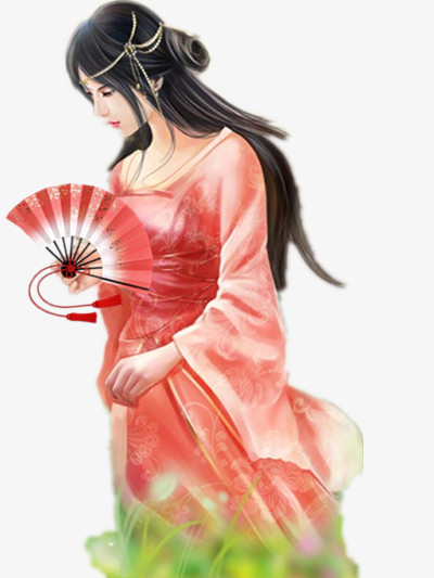 红衣扇子女子古风立绘