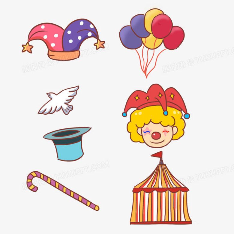 手绘卡通小丑马戏团描边贴纸套图装饰元素