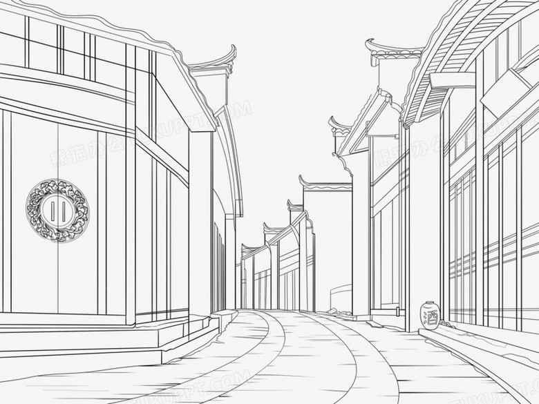 手绘古风街道线稿元素