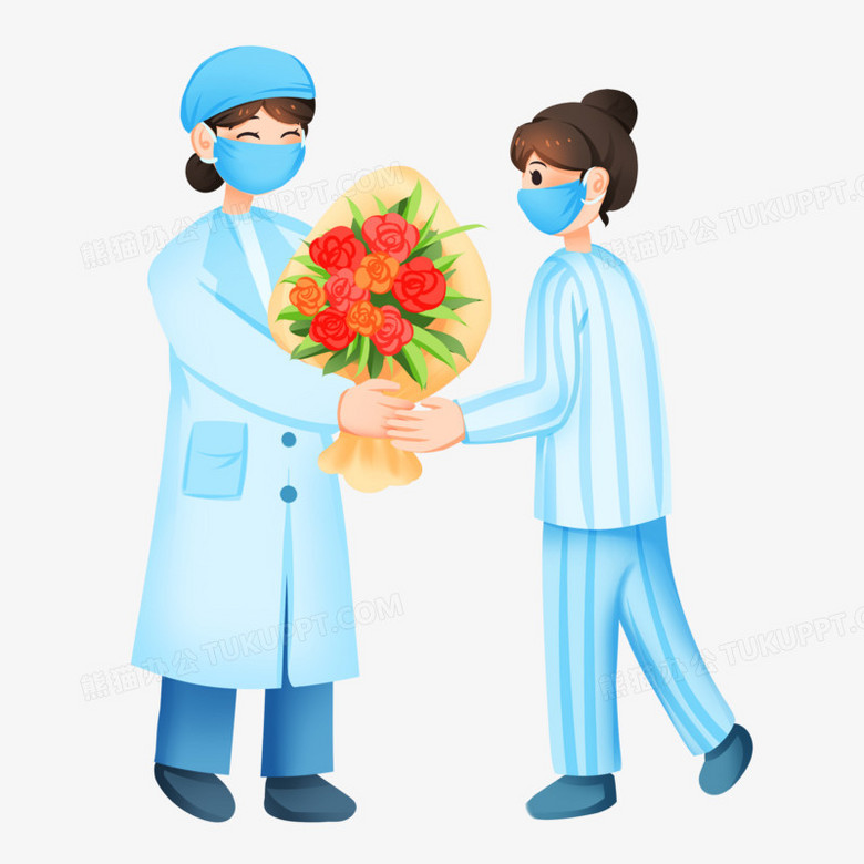 手绘卡通病人出院送花免抠素材