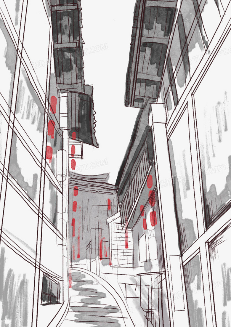 手绘水墨古街线稿免抠元素元素