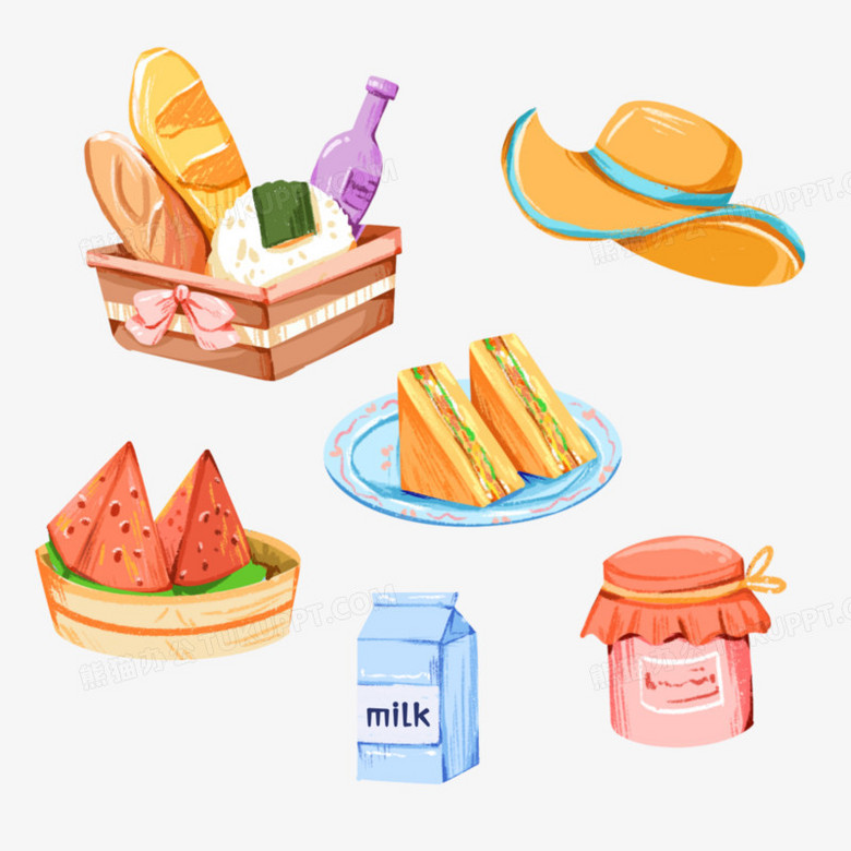 一组手绘野餐出游贴纸套图元素