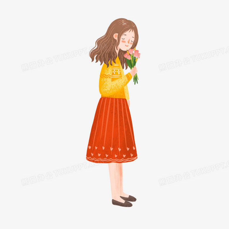 卡通手绘免抠小姐姐闻花免抠元素