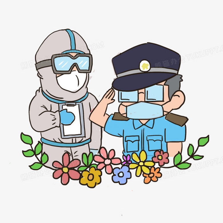 卡通线稿悼念警察和防疫人员免抠元素