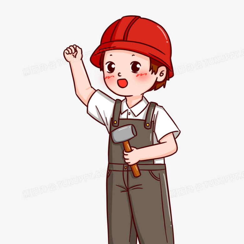 卡通手绘可爱工人举手拿着锤子免抠元素