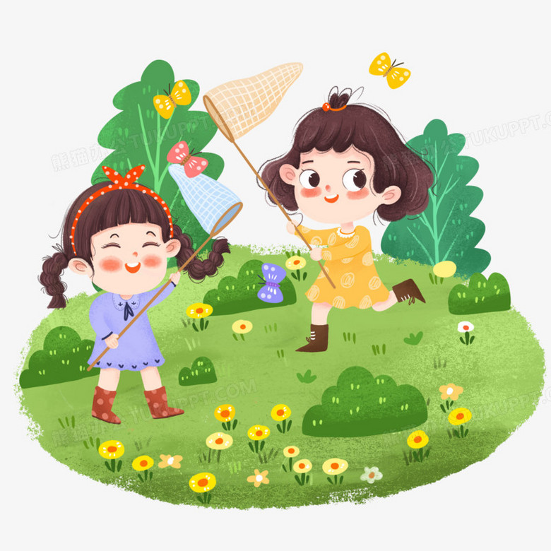 手绘卡通小朋友郊外扑蝴蝶插画免抠元素